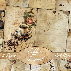 Página de diário de lixo de café vintage, papel digital para escrita, encarte de diário manchado de café, kit de álbum de recortes