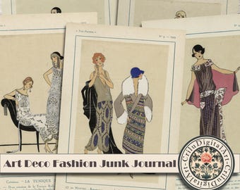 May include: Four vintage fashion illustrations from a French magazine, featuring women in Art Deco style clothing. The illustrations are in black and white with touches of color, and the women are wearing dresses, coats, and hats. The magazine pages are yellowed with age and have text in French.
