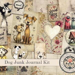 Puede incluir: Un collage de ilustraciones y efímeras con temática de perros. La obra de arte incluye perros de dibujos animados, las palabras "Good Boy", "woof" y "good dog", junto con motivos florales y de corazón. También está presente el texto "Dog Junk Journal Kit".