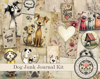 Dog Junk Journal Kit Printable Pages for Puppy Lovers | Cute Vintage Dog Tags Scrapbook Paper | Woof Themed Digital Download Ephemera Set