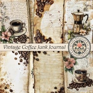 Vintage Kaffee Junk Journal Seiten - Handgemachtes Papier in Sepia-Tönung, Blumen- und Kaffeekunst, antike Schreibblätter für Scrapbooking