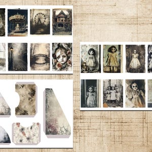 May include: A selection of vintage-style prints showcasing eerie dolls, haunted houses, and carnival scenes. The prints have a distressed, antique aesthetic with muted tones and a gothic theme. Includes various shapes and sizes for crafting.