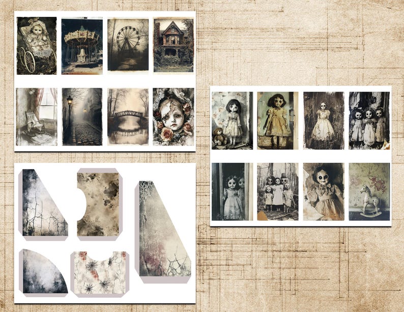 May include: A selection of vintage-style prints showcasing eerie dolls, haunted houses, and carnival scenes. The prints have a distressed, antique aesthetic with muted tones and a gothic theme. Includes various shapes and sizes for crafting.