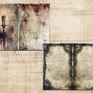 May include: Digital art print depicting a candle on a decorative stand, set against aged paper with a dark, gothic theme. The artwork incorporates a cracked texture and spiderweb design, with a vintage, antique style.