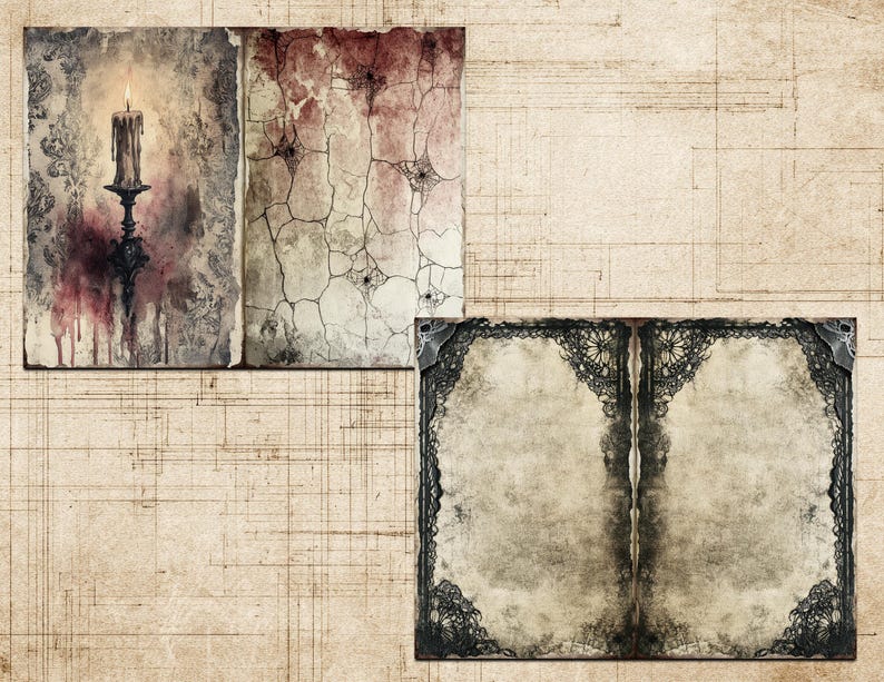 May include: Digital art print depicting a candle on a decorative stand, set against aged paper with a dark, gothic theme. The artwork incorporates a cracked texture and spiderweb design, with a vintage, antique style.