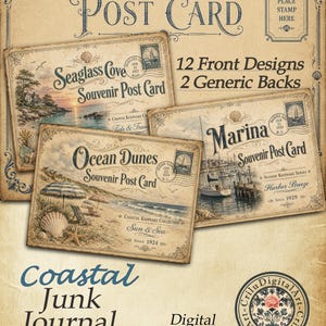 May include: Vintage-style postcards with coastal themes. The postcards feature images of a beach, ocean, and marina. The text on the postcards reads "Seaglass Cove," "Ocean Dunes," and "Marina." The image also includes the text "Coastal Junk Journal Postcards" and "Digital Download."