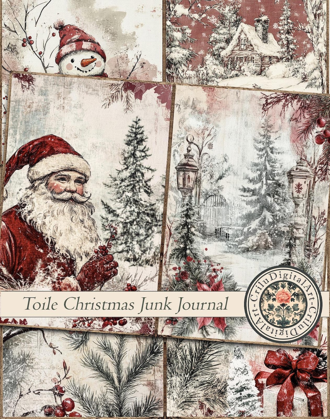 Toile Christmas Junk Journal Kit: Vintage Holiday Ephemera (digital ...