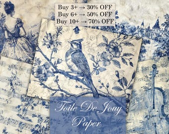 Blue Toile De Jouy Decoupage Papers,French Toile Scrapbook Album Kit,Digital junk journal ephemera documents