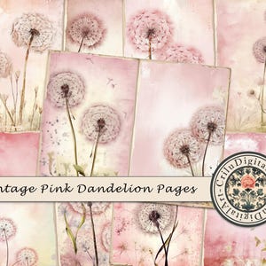 Pacchetto di carta digitale con dente di leone rosa vintage, sfondi floreali shabby chic, pagine di scrapbooking con dente di leone acquerellato per diario spazzatura