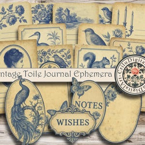 Vintage Toile De Jouy Junk Journal Ephemera Bundle à télécharger, papiers de découpage toile bleu, Français Chinoiserie Rococo Journal numérique