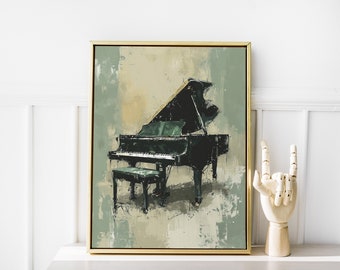 May include: A framed painting of a black grand piano with a green seat, set against a muted green and beige background.