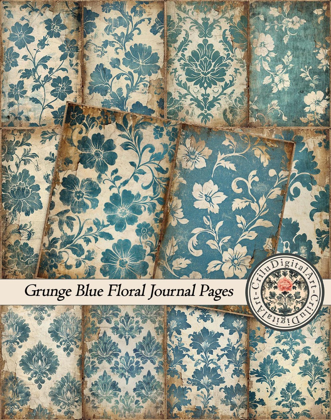 Vintage Floral Junk Journal Pages Digital Printable Kit With Blue ...