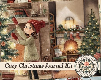 Op de afbeelding: Een collage van aquarel illustraties met een gezellig kerstthema. Scènes tonen een vrouw met een koksmuts, een meisje dat een boom versiert, een open haard met kousen en ingepakte cadeaus. Tekst: "Cozy Christmas Journal Kit."