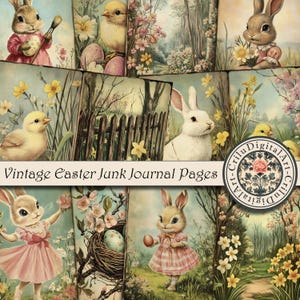 Vintage Easter Junk Journal Pages, Digital Cute Bunnies Journal Insert, Retro Floral Easter Scrapbook Printable