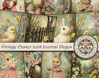 Pages vintage de journal indésirable de Pâques, album de scrapbooking Lapins (numérique)