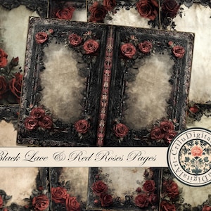 Gothic Junk Journal Printable Kit with Red Roses and Black Lace, Vintage Grunge Stationery Pages for Scrapbooking and Collage Art