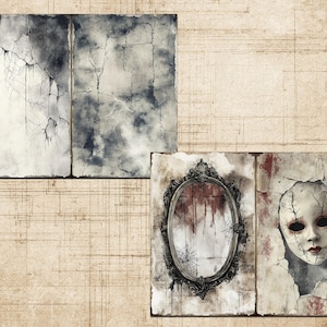 May include: Digital art print depicting two panels with a distressed, aged look. One panel has a dark, cloudy effect, the other a cracked, white appearance. The bottom panel shows a vintage mirror and a cracked doll face.