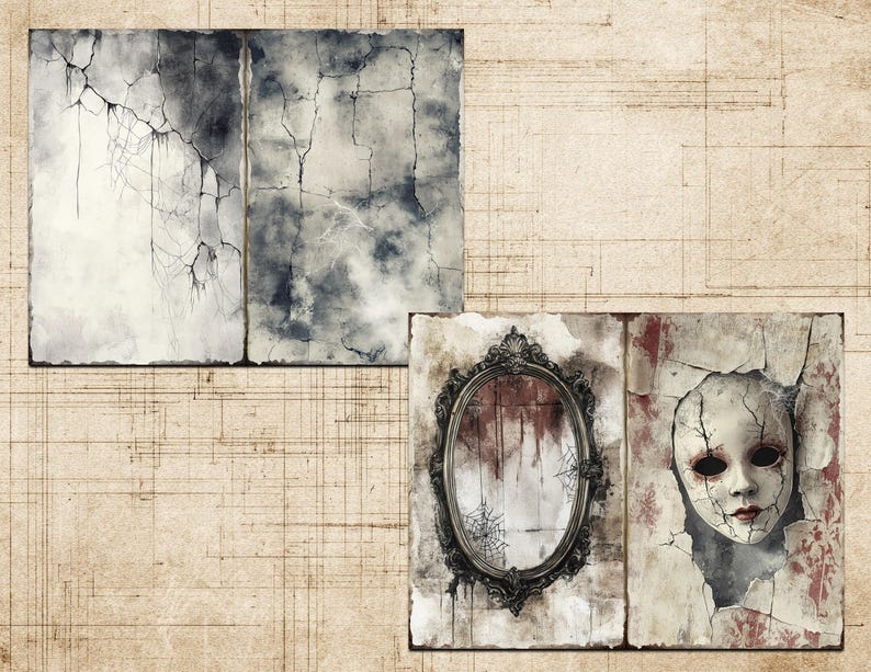 May include: Digital art print depicting two panels with a distressed, aged look. One panel has a dark, cloudy effect, the other a cracked, white appearance. The bottom panel shows a vintage mirror and a cracked doll face.