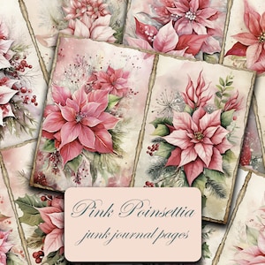 Pages de journal indésirable Poinsettia rose, kit de papier scrapbook numérique, fleurs de Noël imprimables, feuille de collage de vacances festives, éphémères d’hiver