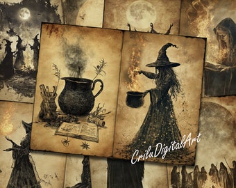 Digital Grimoire Pages Junk Journal Printable,Kit,Witch,Goth,Magic,Pagan,Spell Book,Witchy,Halloween,Dark Academia Bundle,Decoupage,Vintage