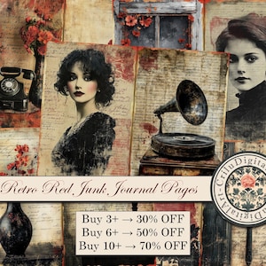 Vintage Junk Journal Pages Antique Scrapbook Retro Journal Printable Red Floral Ephemera Victorian Collage Digital Kit Rustic Paper Bundle