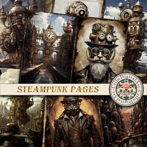 Puede incluir: Un collage digital de imágenes con temática steampunk. El collage presenta una torre del reloj, un hombre con barba y gafas, un hombre con una máscara de gas y una ciudad con engranajes y tuberías.