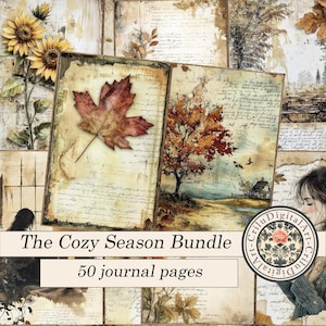 May include: A digital art bundle titled "The Cozy Season Bundle" featuring 50 journal pages. The pages have a vintage aesthetic with autumn-themed illustrations, including a red maple leaf, sunflowers, and a landscape with a tree and a house.