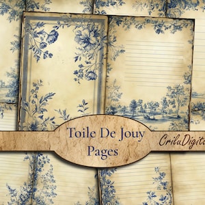 Diario vintage Toile De Jouy stampabile, inserto per diario Toile francese, pagine di diario a righe vittoriane, carta per scrapbooking Toile blu