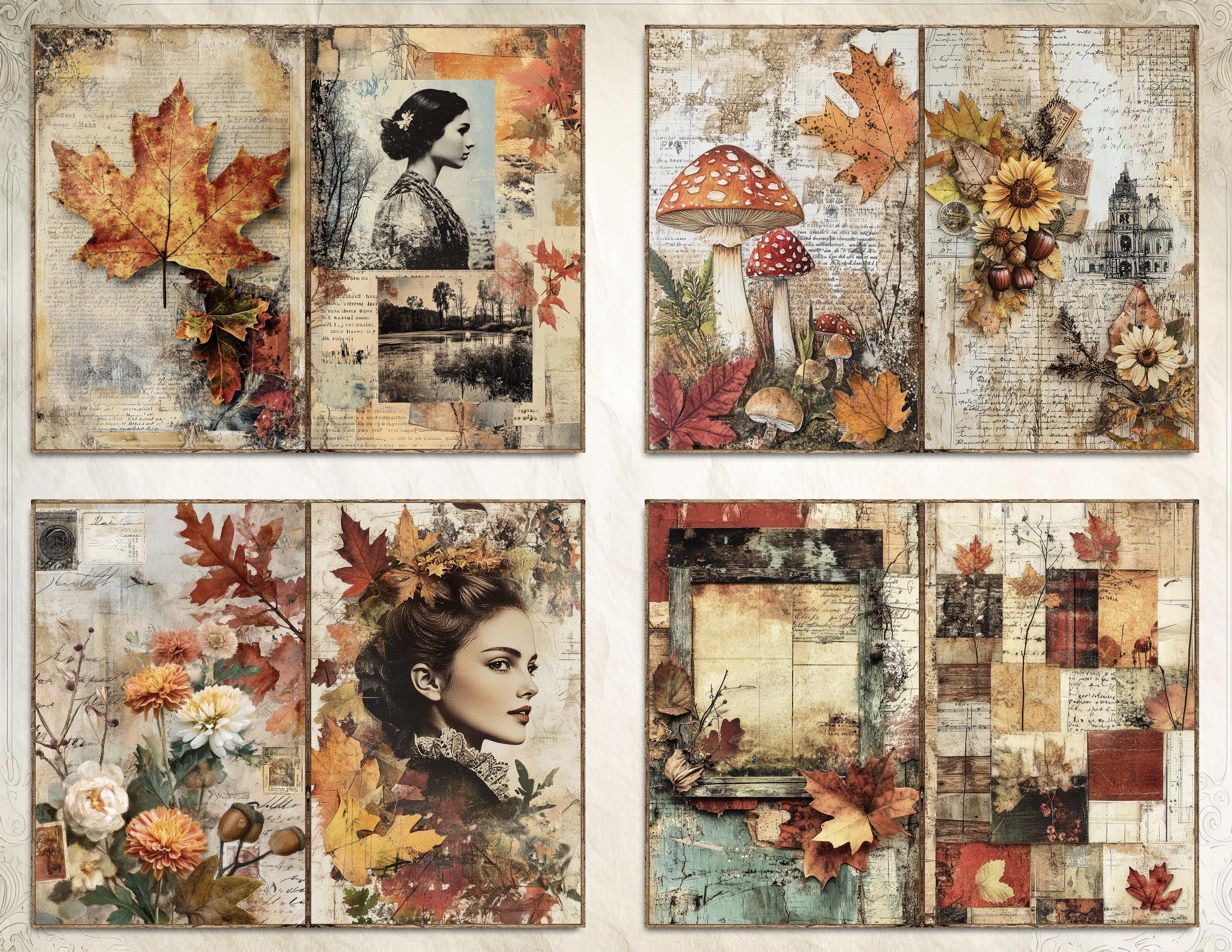 Autumn Junk Journal Pages Printable Kit, Grunge Texture Leaves Ephemera ...