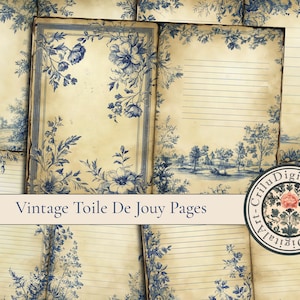 May include: A collection of digital paper sheets featuring a vintage toile de jouy pattern in blue ink on an aged, tan parchment background. The designs include floral motifs, landscape scenes, and lined writing areas with decorative borders.
