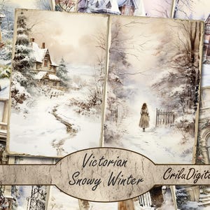 May include: A digital collage of vintage-style illustrations featuring snowy Victorian houses, a woman walking down a path, and a gate. The text "Victorian Snowy Winter" and "CiriluDigitalArt" are included in the image.