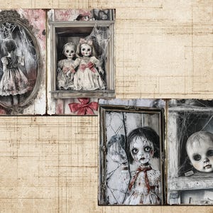 May include: A collage of illustrations depicting antique dolls and a girl in a dress. The dolls are displayed in a window, and the girl is reflected in an oval mirror. The artwork has a distressed, aged appearance with cobwebs and a vintage aesthetic.