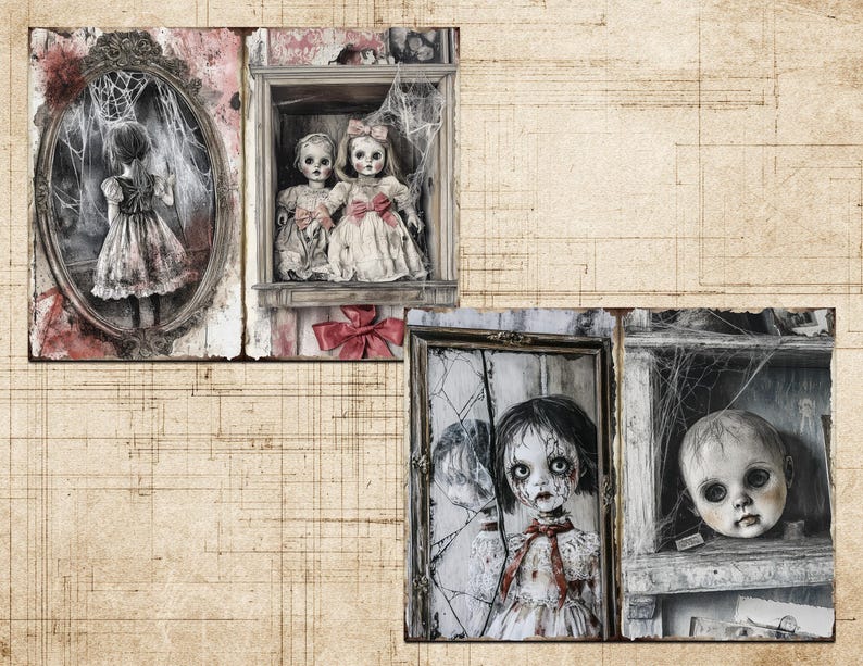 May include: A collage of illustrations depicting antique dolls and a girl in a dress. The dolls are displayed in a window, and the girl is reflected in an oval mirror. The artwork has a distressed, aged appearance with cobwebs and a vintage aesthetic.