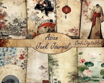 May include: A collage of Asian-themed illustrations and designs. The image features a geisha, traditional clothing, landscapes, and floral patterns. The text "Asian Junk Journal" and "CriluDigitalArt" are also present.