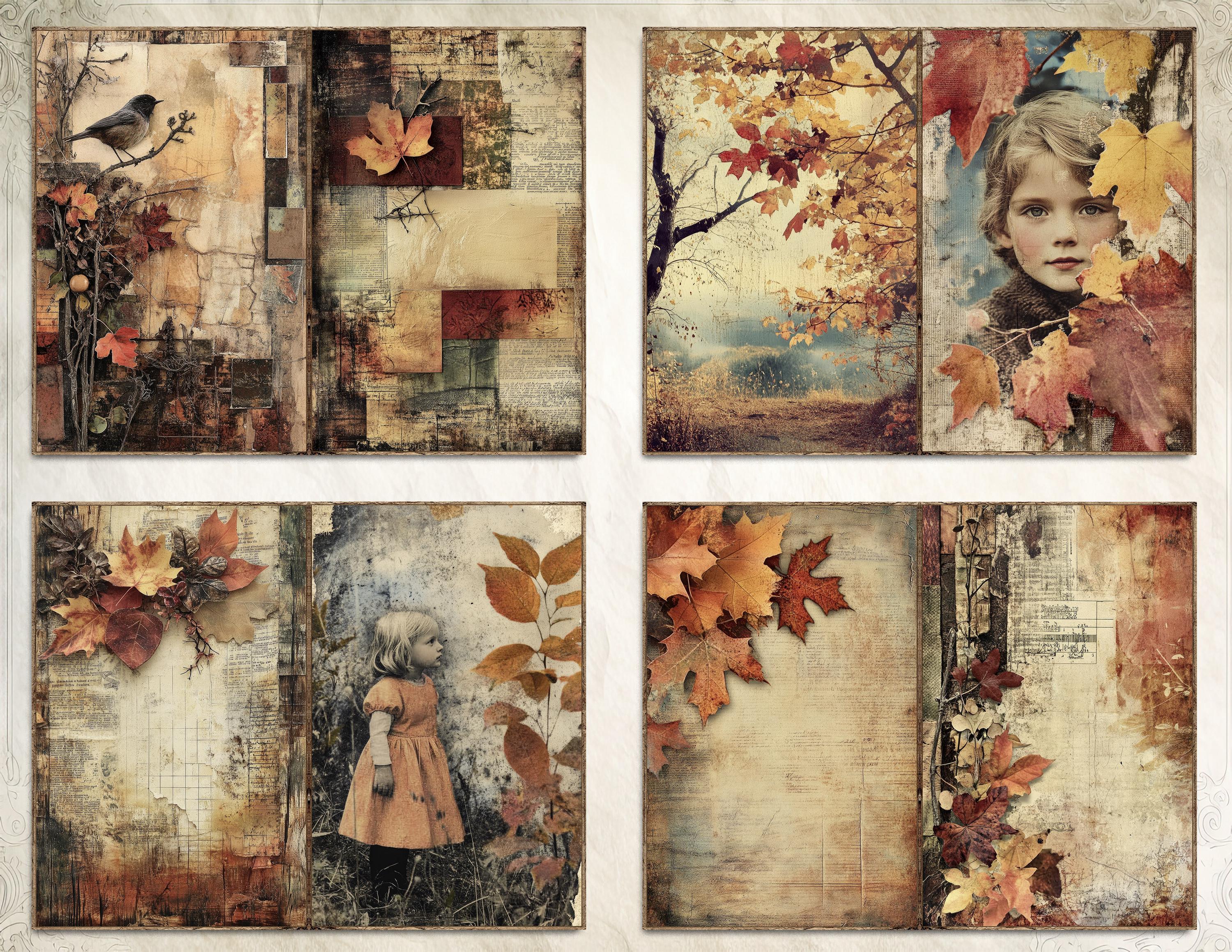 Autumn Junk Journal Pages Printable Kit, Grunge Texture Leaves Ephemera ...