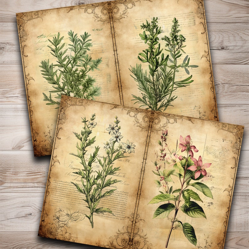 May include: Three vintage botanical illustrations of different plants on aged paper with handwritten text. The first page features a green plant with small leaves. The second page features a white flower with green leaves. The third page features a pink flower with green leaves.