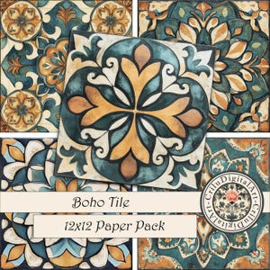May include: A selection of decorative tiles with a bohemian design. The tiles showcase detailed floral and geometric patterns in teal, gold, and cream hues. The text "Boho Tile" and "12x12 Paper Pack" are displayed on a cream banner.