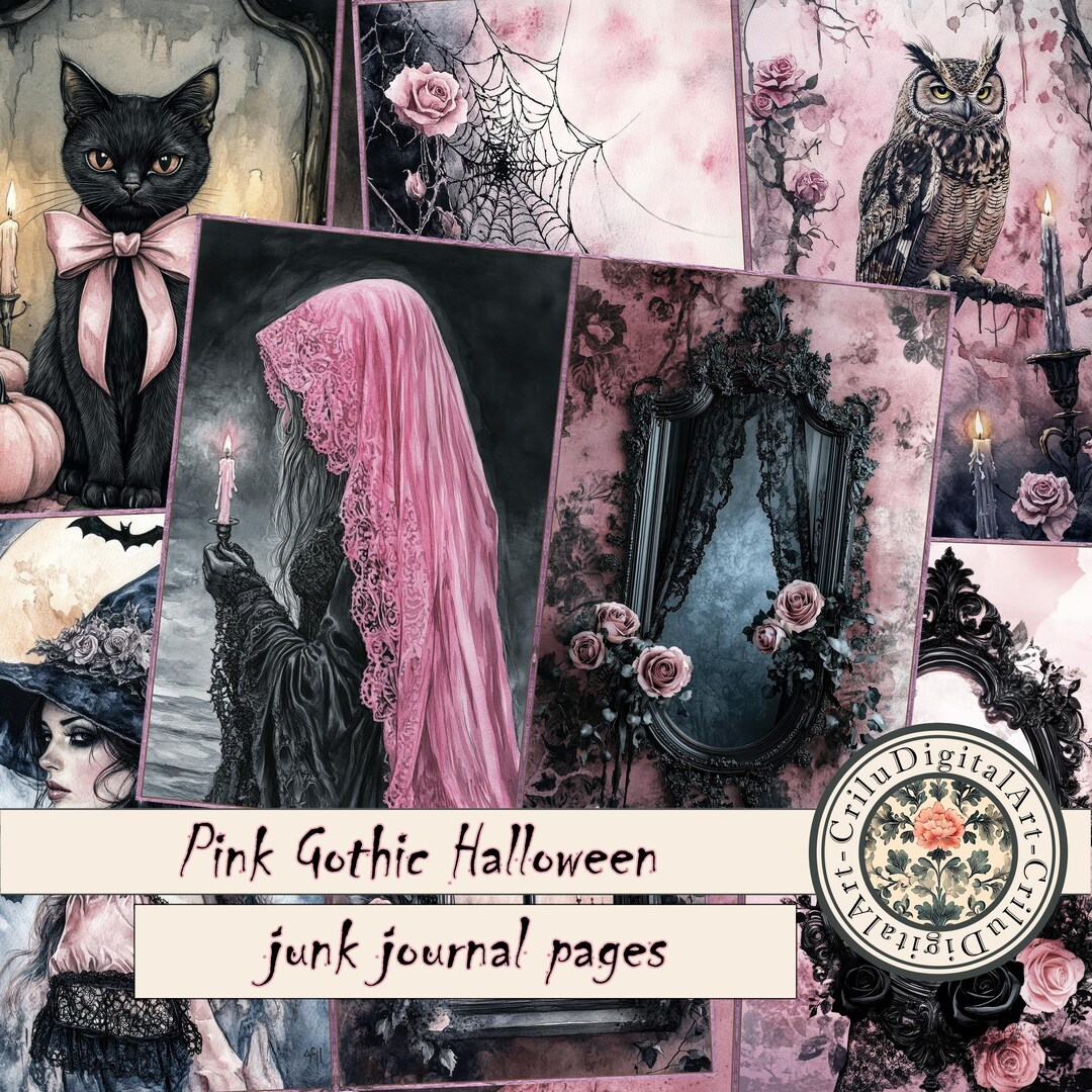 Gothic Junk Journal Pages Pink Halloween Witch Theme With Black Cat ...