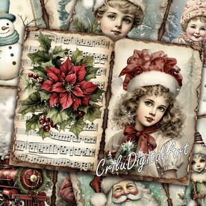 May include: A digital collage of vintage Christmas images, including a snowman, children, a poinsettia, a train, and a musical score. The images are arranged in a random pattern and have a distressed, aged look.