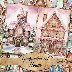 Christmas Gingerbread house Junk Journal Kit | watercolor Xmas & Winter Printables, Ephemera and Holiday Scrapbook Pages