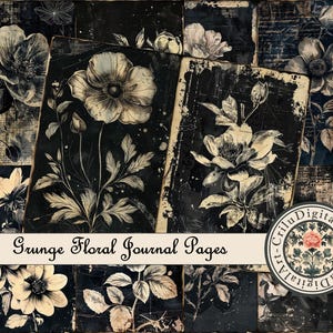 Pagine di diario floreali grunge scure, carta botanica vintage invecchiata, diario gotico stampabile, kit decoupage con fiori seppia