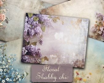 May include: A set of four digital paper backgrounds featuring a vintage, shabby chic aesthetic. The papers feature floral designs in shades of purple, blue, and white, with a textured background.