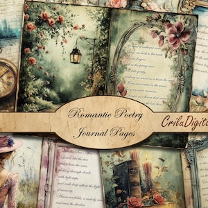 Pagine di diario di poesie vintage romantiche, poesie d'amore in stile antico stampabili, set di scrapbooking floreale e poetico vittoriano