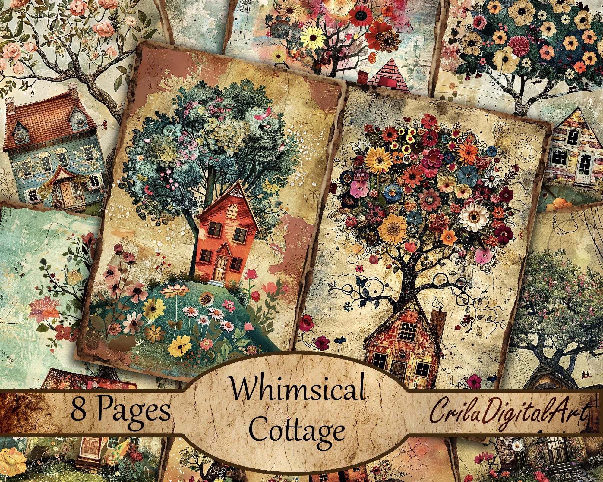 Whimsical Cottage Junk Journal Pages - Floral Houses, Trees, and ...