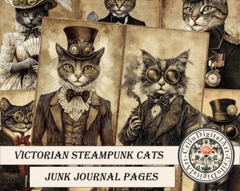 Steampunk Cat Junk Journal Pages Printable Kit – Vintage Victorian Feline Digital Paper Set for Scrapbooking Junk Journals Collage