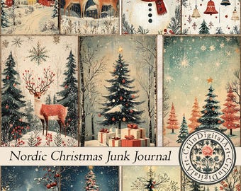 May include: A collection of vintage-style Christmas-themed illustrations. The images feature snowy landscapes, reindeer, Christmas trees, a snowman, and decorative bells. The text "Nordic Christmas Junk Journal" is visible at the bottom.