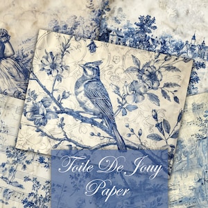Papiers de découpage bleus en toile de jouy, kit album de scrapbooking en toile française, documents éphémères de journal indésirable numérique