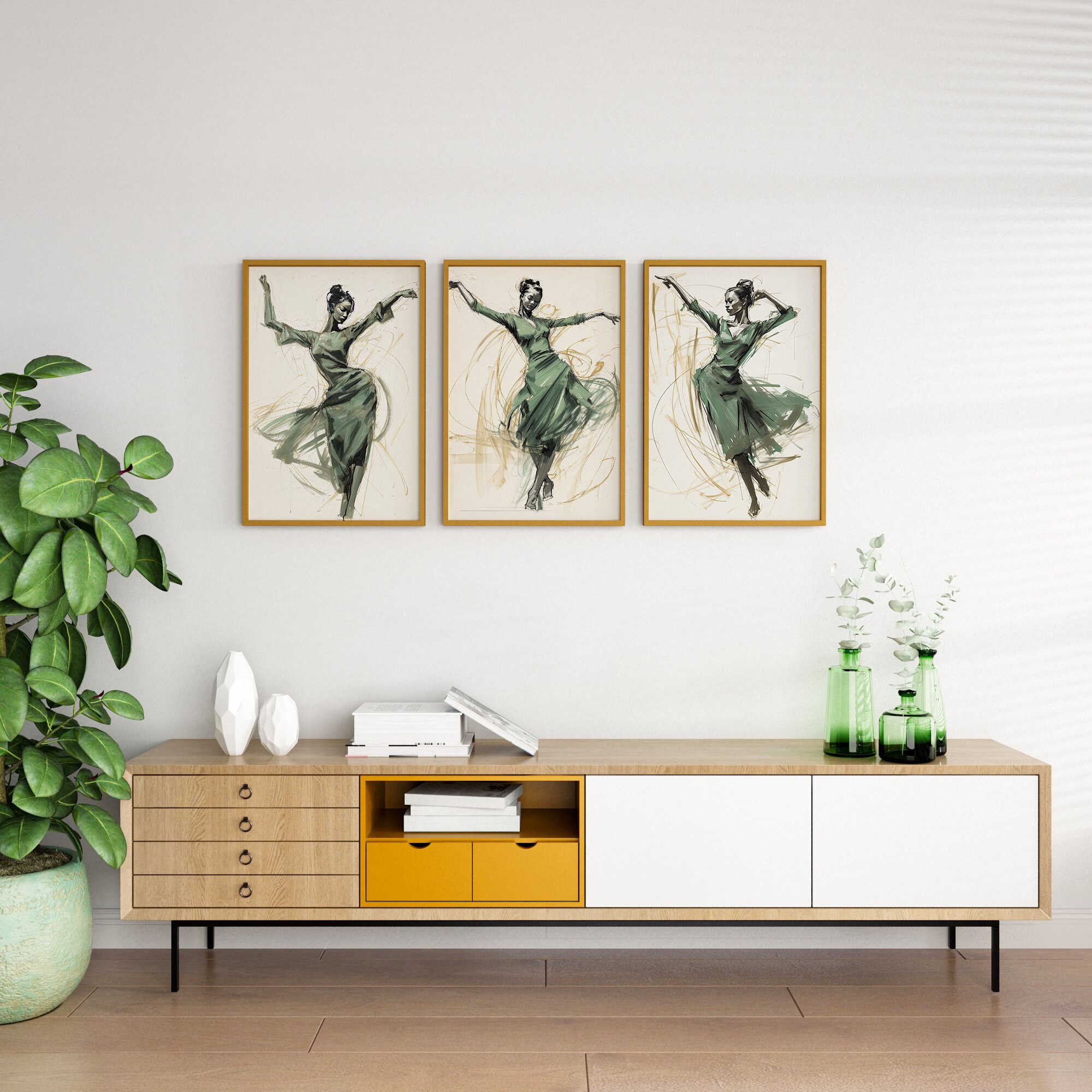3 Piece Sage Green Wall Art Set, Ballerina Painting Triptych Wall Art, Set of 3 Prints Designer ...