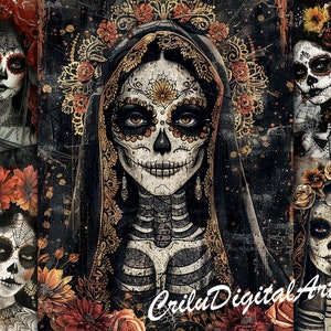 Papier pour journal numérique Dia De Los Muertos, intercalaire pour journal Catrina, art mexicain du jour des morts, papiers de scrapbooking Halloween, feuilles de collage