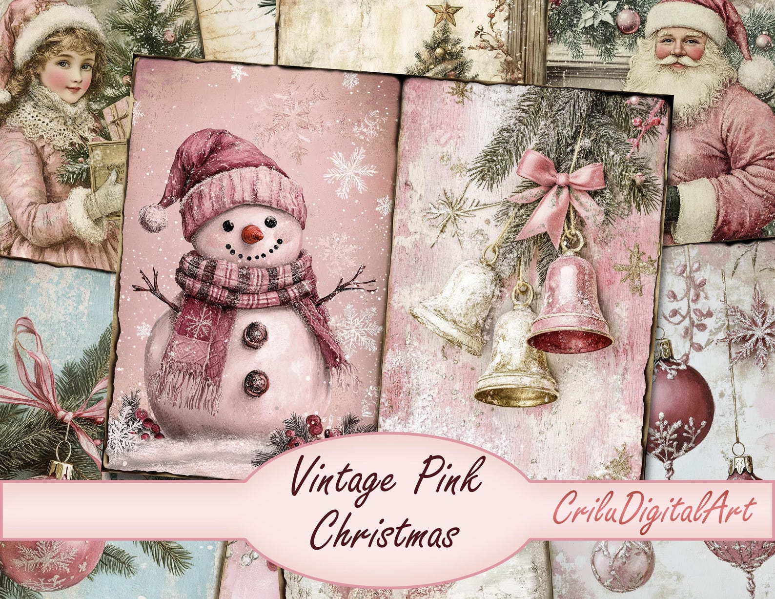 Pink Christmas Junk Journal Pages, Digital Scrapbook Paper Kit, Winter ...